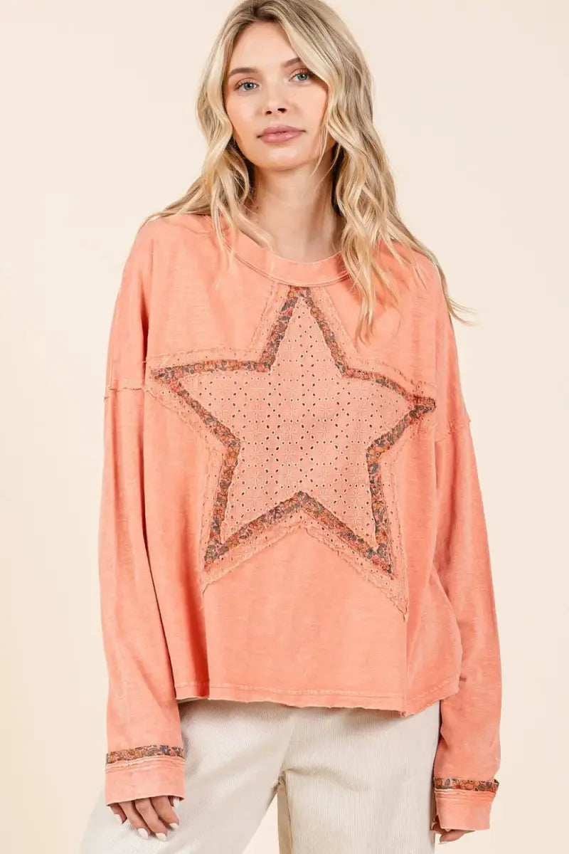 Mittoshop Mineral Wash Star Patch Long Sleeve T-Shirt for Women - Love Salve